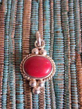 VINTAGE Thailand Sterling Silver & Vibrant Red Coral Cabochon Pendant